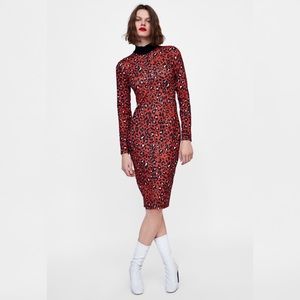 Zara Red Cheetah Print Tube Dress, Mock Neck